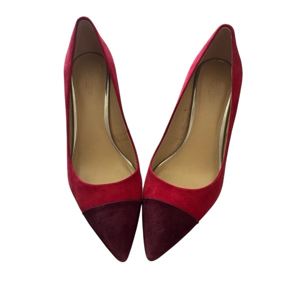 Coach Zayna Suede Heels In The Color Red Wine Size 8 Pointed Toe - Picture 2 of 9